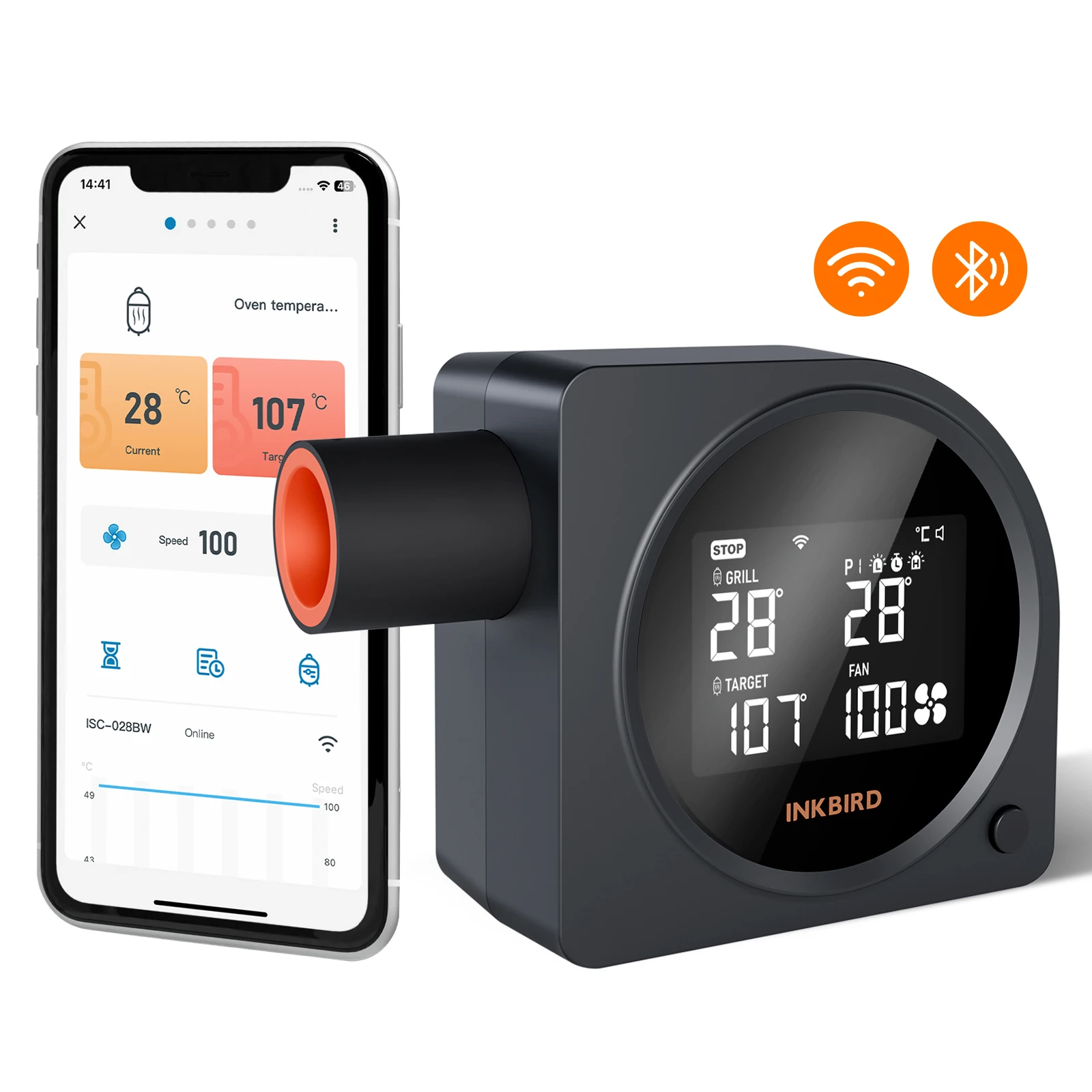 INKBIRD ISC-028BW draadloze grilltemperatuurregelaar met 5 sondes, automatische rokerventilator, alarmen voor hoge en lage temperaturen - afbeelding 2