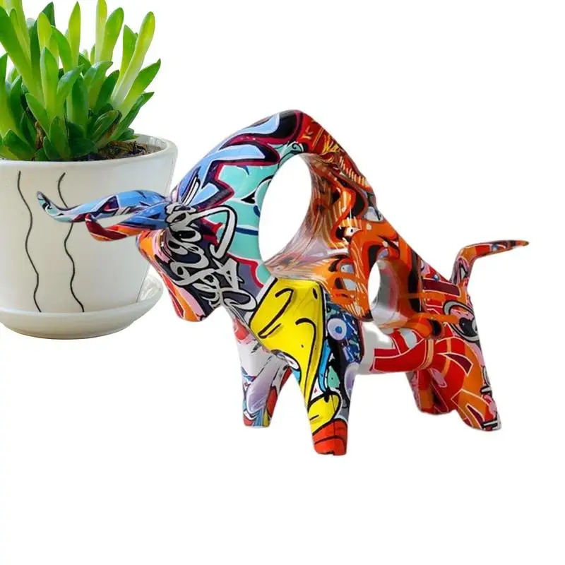 

Creative Resin Animal Sculpture Abstract Simulation Cattle Bull Statue Graffiti Painting Resin Modern Home Decoration