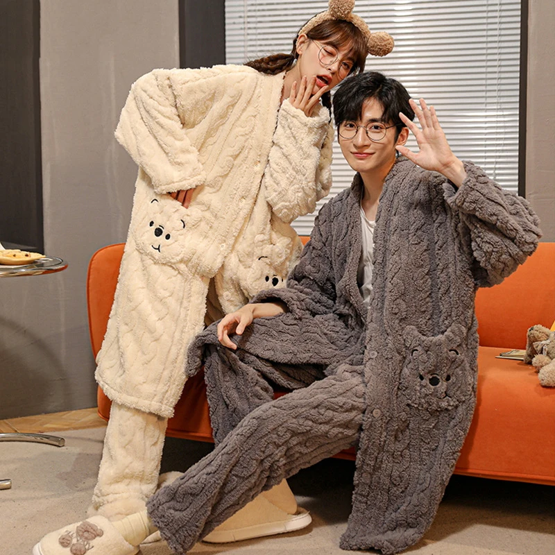 Autumn And Winter Couple Pajamas Men's Pajamas Flannel Long Thick Flannel Pajama Pants Robe Pants Man And Women Robes Pajama Set