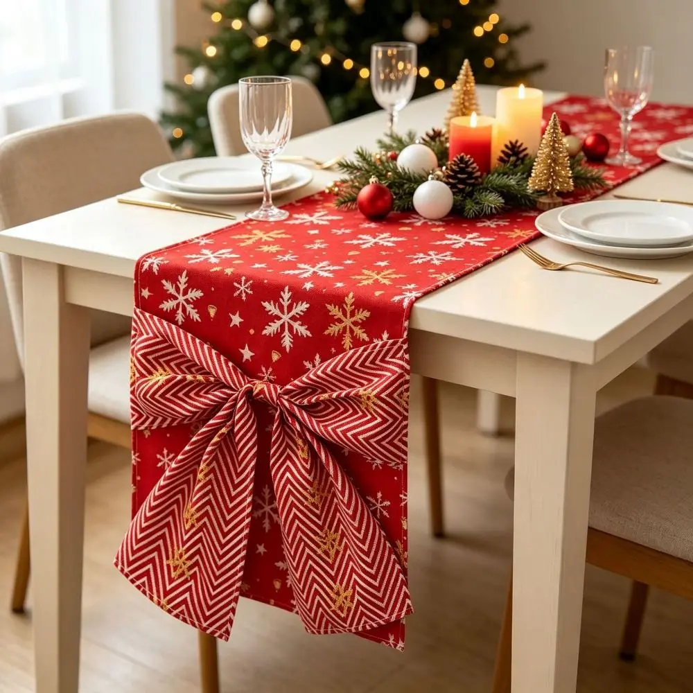 Bows Accents Christmas Table Runner Golden Accents Elk Flower Painted Holiday Table Runner Polyester Poinsettia Holly Berries