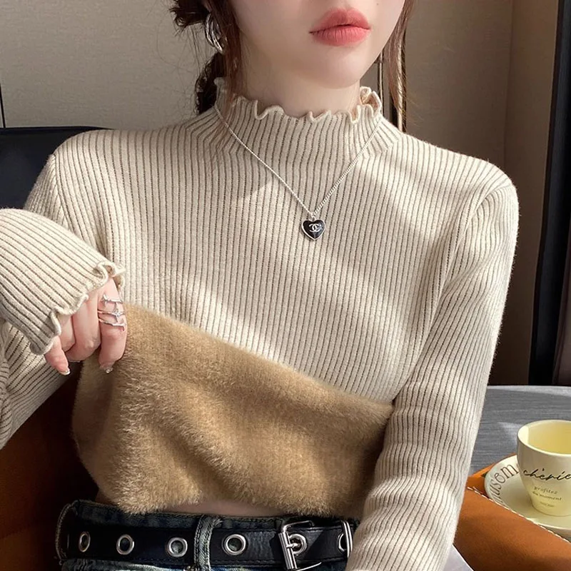 

New Long Sleeve Fleece-lined Knitted Sweater Women Pullovers Mock Neck Knit Sweater Pullover Women Tops Sueters De Mujer Q2124