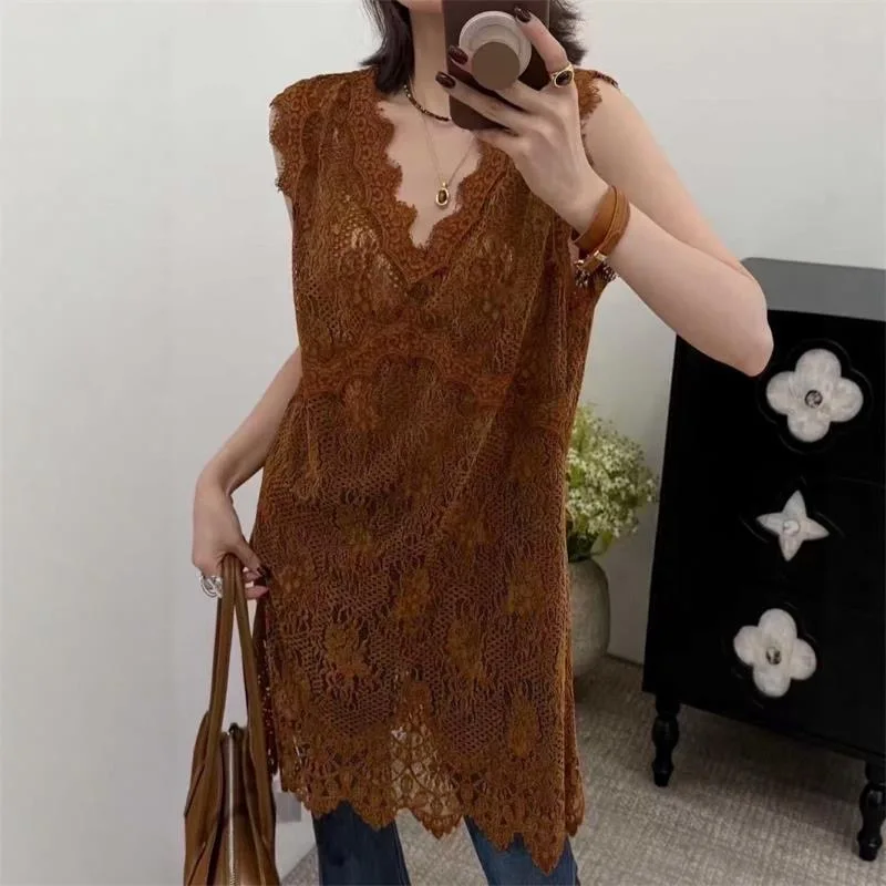 Abito senza maniche in pizzo con scollo a V trasparente a uno strato Primavera Estate Donna Abiti copricostume sexy scavati in cammello nero caffè
