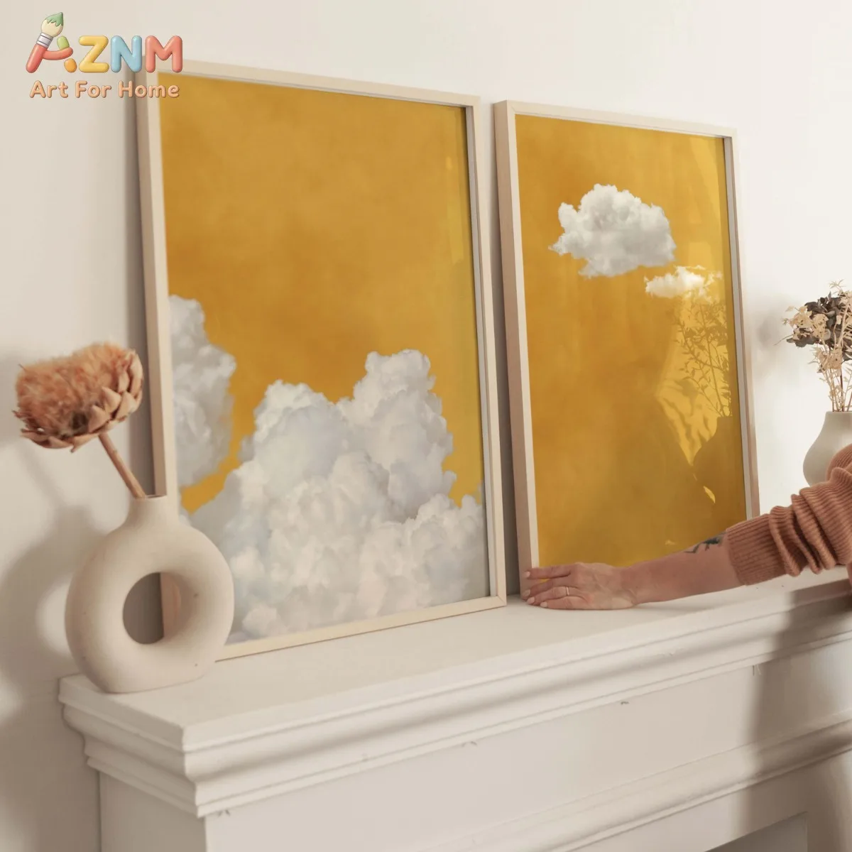 2pcs AZNM Mustard Yellow Sky and White Cloud Canvas Wall Art Set of 2 Unframed Abstract Minimalist Wall Decor Modern Bright Natu
