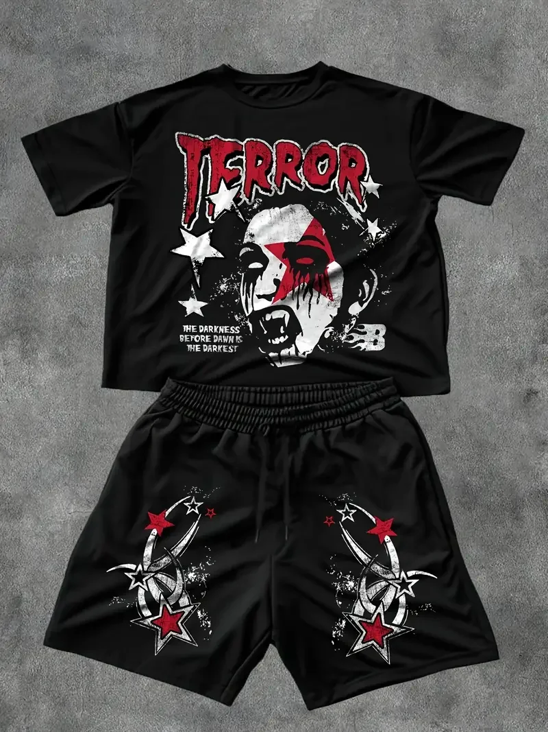 

2025-26 Summer New Best-selling Trend Design Set 3D Printing American Street Breathable Comfortable T-shirt Shorts Set