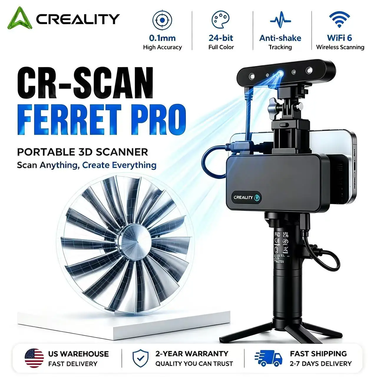 Creality CR-Scan Ferret Pro 3D Scanner 0.1mm Accuracy Wireless Scanning Handheld Scanner WiFi6 Full Color Scan for 3D Printing & Modeling Scanner
