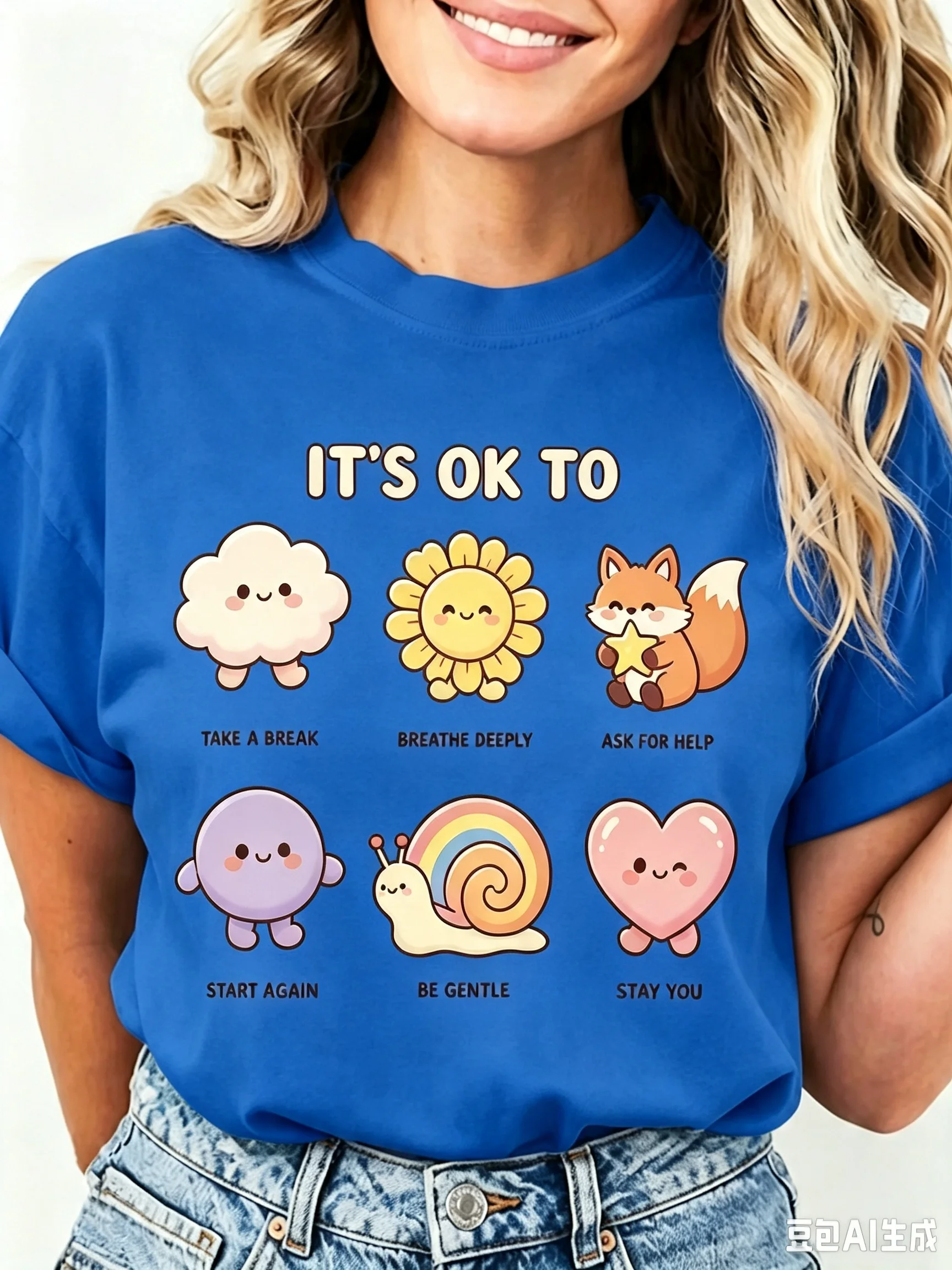 Women Mental Health Positive Graphic T‑Shirt, Cute Cartoon Animal Cotton Tee, Multiple Colors Available, Casual Daily Relax Top