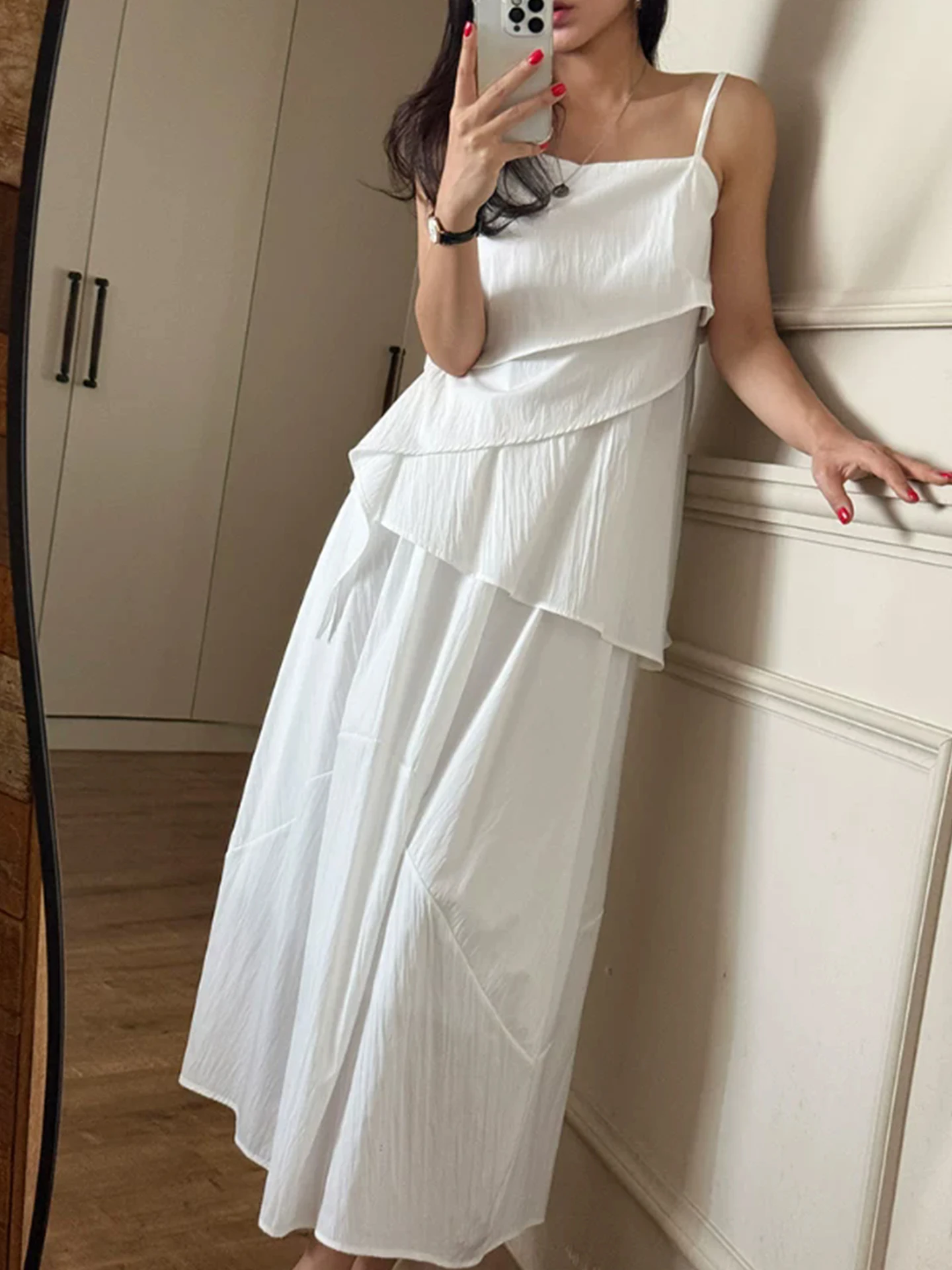 

Fashionable High-Waist Two-Piece Set Irregular Strap Vest for Women Summer New Style Color Half Skirt Polyester Fiber