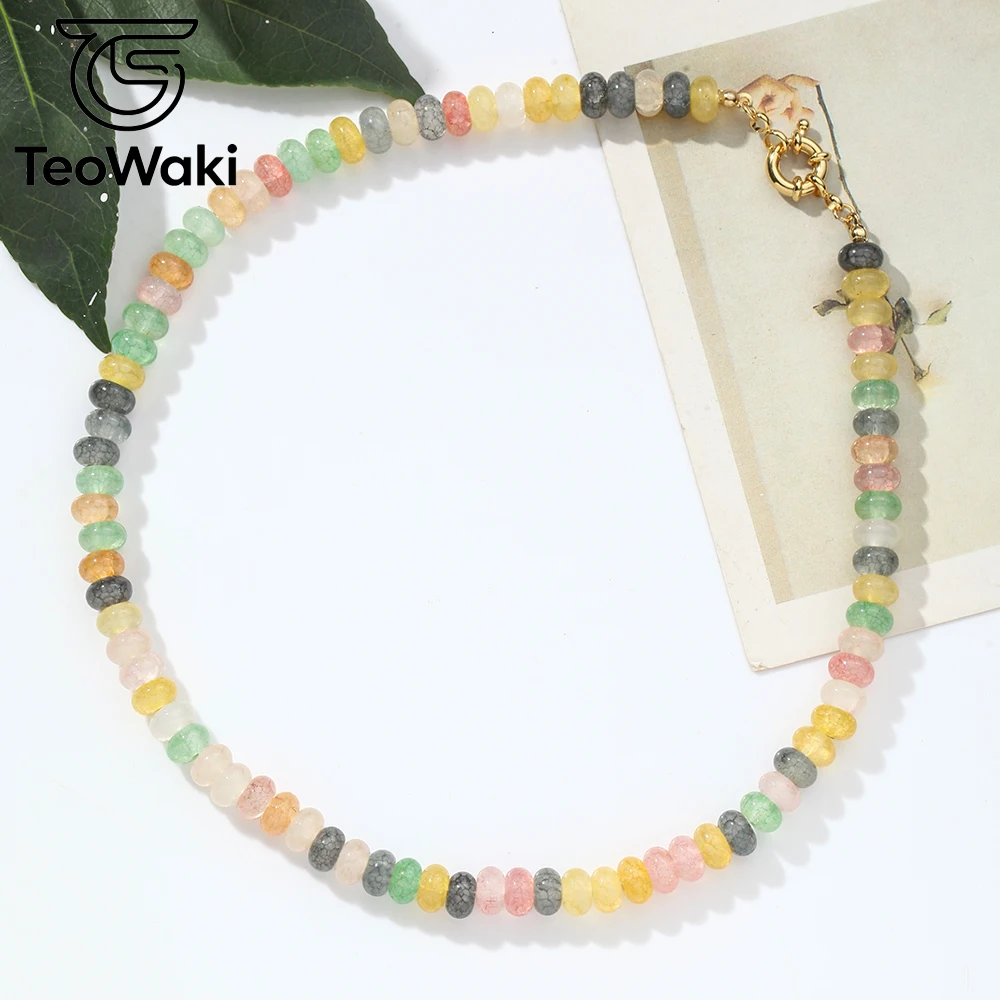TeoWaki Natural Stone Dainty Green Multicolor Crackle Crystal Flat Beads Necklace Steering Wheel Collarbone Accessory Gift 40cm