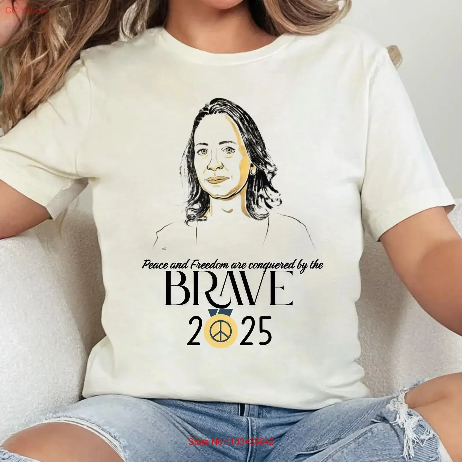 Camiseta Maria Corina Machado, Vencedora do Prêmio Nobel da Paz 2025, Líder Venezuelano e Ativista, para Amigo(a), vintage, com lavagem ligeira