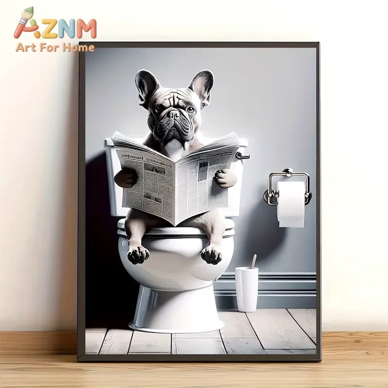 AZNM Frameless 2D Flat Funny French Bulldog Reading Newspaper On Toilet Canvas Print, Reusable Humorous Bathroom Wall Art Decor