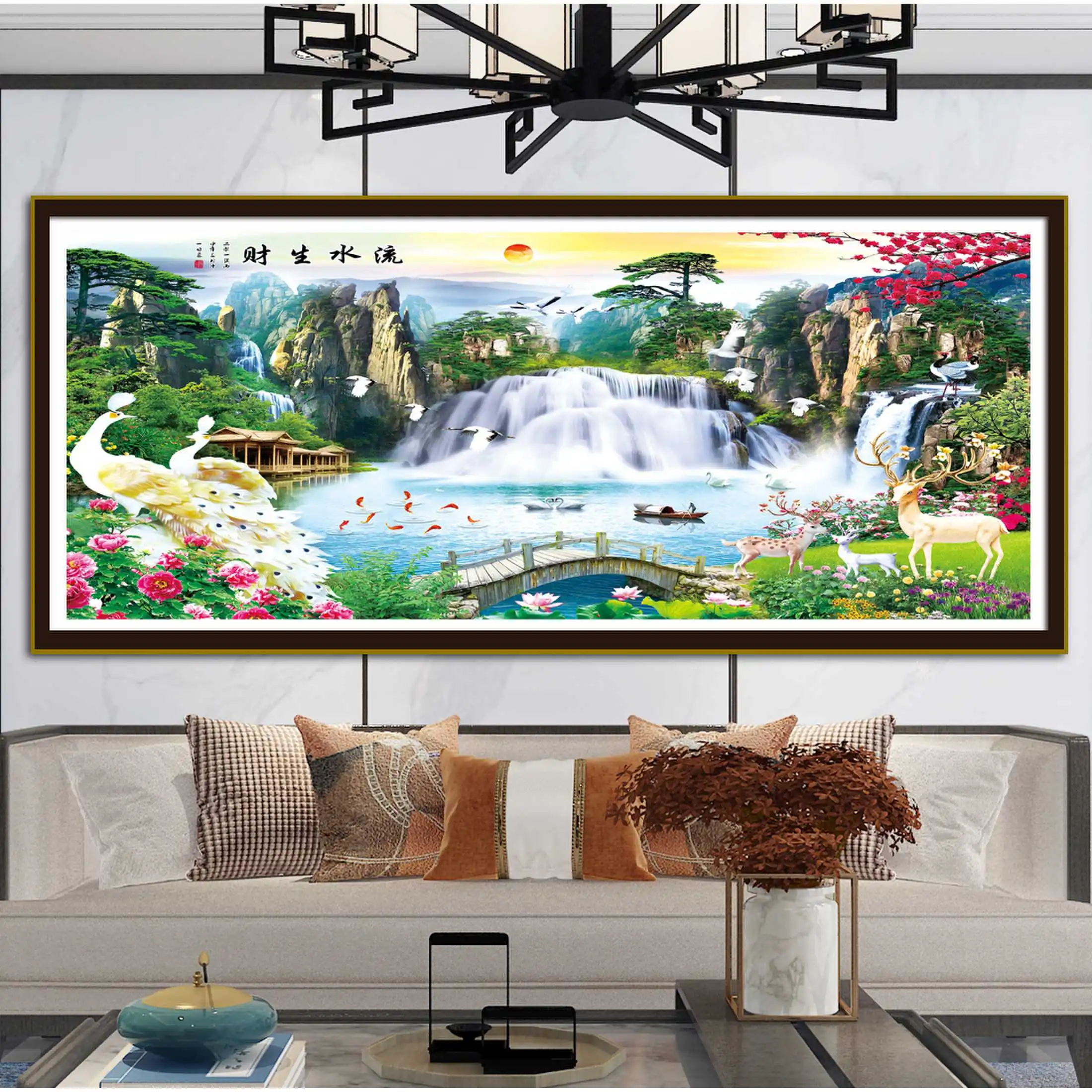 

Текущая вода приносит богатство Нефритовый павлин пейзажный узор набор для вышивки крестом ручной работы - символ процветания и элегантности