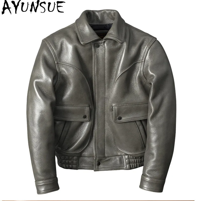 

AYUNSUE Men Turn Down Collar Waxy Genuine Cowhide Leather Jacket 1.5mm Thick Real Leather Coat Casual Brown Man Jackets Abrigos
