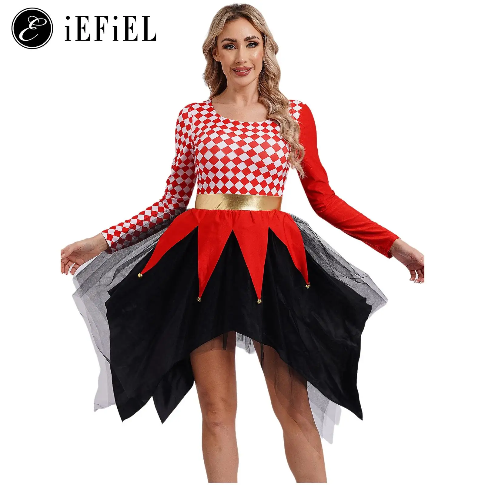 

Ladies Naughty Harlequin Clown Costume Long Sleeve Checkerboard Top Tulle Dance Dress Halloween Cosplay Dress-up