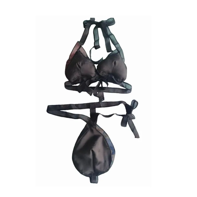Man Lingerie Set Black Silk Satin Peach-shaped Lace Up Bra Thong Briefs Couple Underwear BF For Male Sexy Tops+Men's T-back