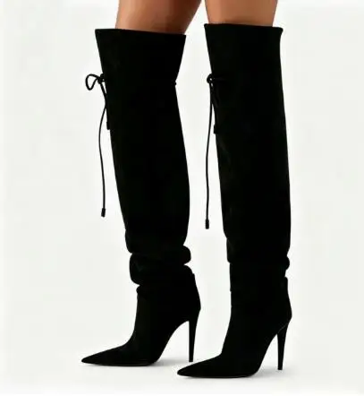 Botas Altas Hasta la Rodilla de Ante Negro Camel para Mujer, con Punta Puntiaguda, Tacón de Aguja, Cordones y Diseño Fruncido