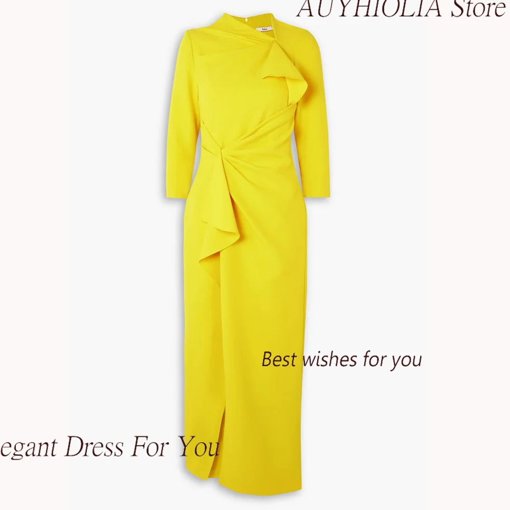 Crepe Evening Dress For Sexy Women 정장원피스 Vestidos de festa Elegant Ruched Fashion High Neck Yellow Cocktail Prom Gown 2024