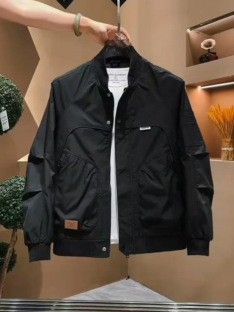 

American Retro Casual Men's Jaet Spring Autumn Pure Color Stand Collar Patchwork Faion Versatile Outerwear Polyester