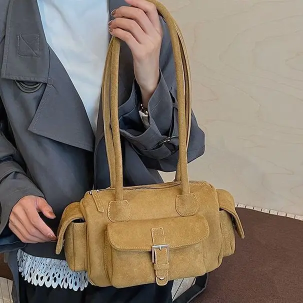 

JIAERDI Retro Harajuku Multi Pocket Boston Bag Women Suede Large Capacity Shoulder Bag Ladies Fashion Casual Pillow Underarm Bag