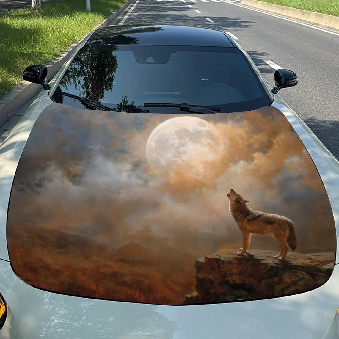 

Grey Wolf Watching The Moon Car Hood Sticker Durable PVC Vinyl Wrap For Car Hoods Featuring Cool Pattern Design, Suitable For Va