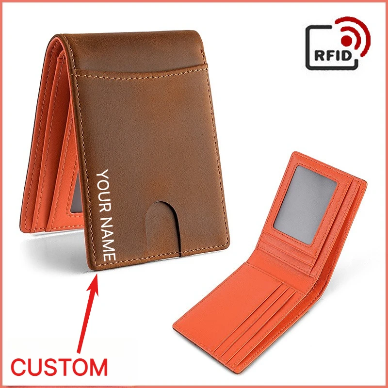 RFID Blocking Men's Wallet Genuine Leather Full Grain Cowhide Card Holder Personalized Engraved Coin Wallet
