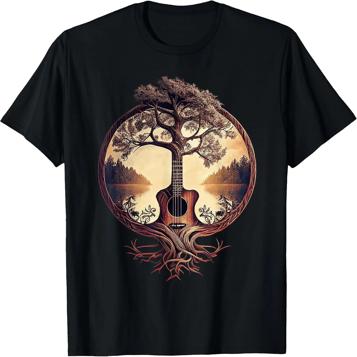 Acoustic Guitar Tree By The Lake Guitarist T-Shirt Short sleeve shirt, Retro tee