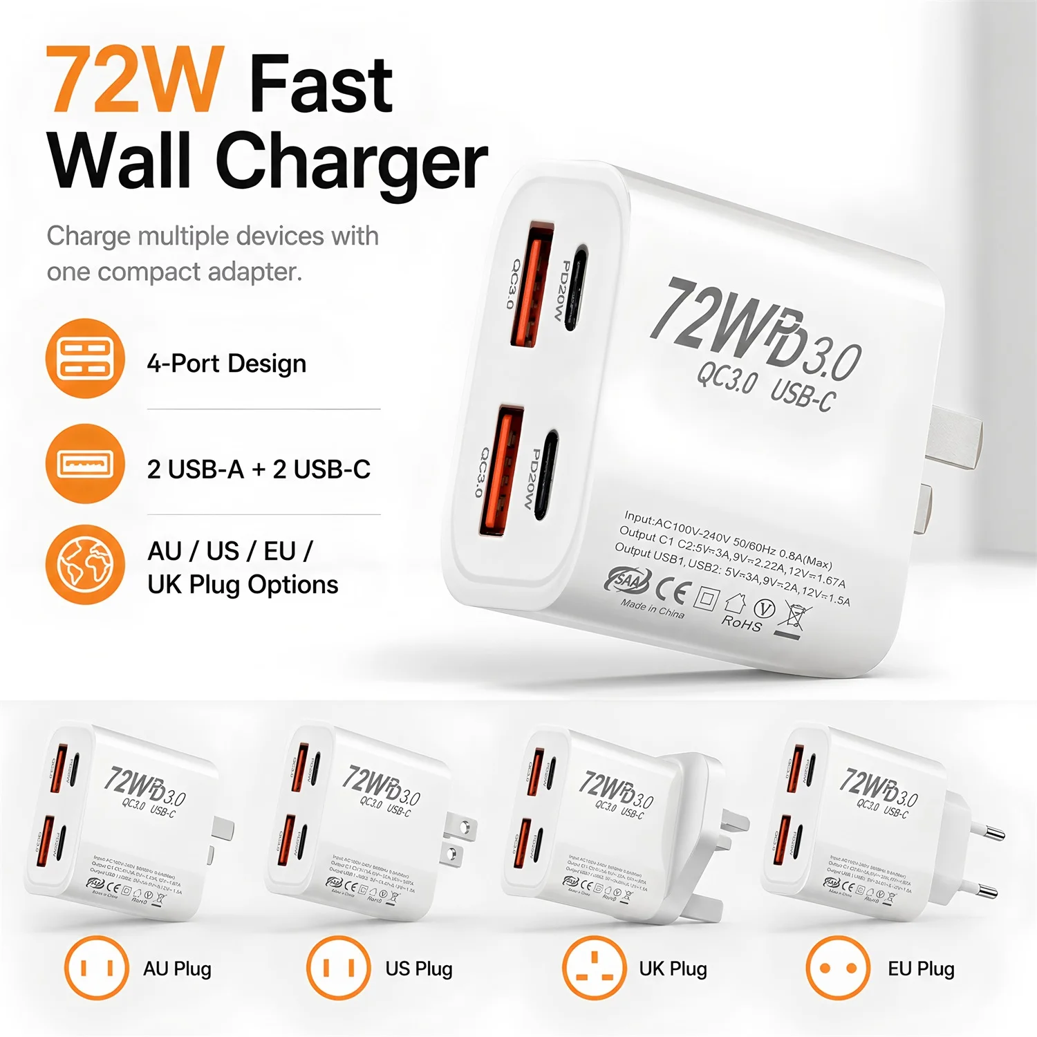 AU US EU UK Plug USB TYPE-C Smart Phone Chargeur 72W PD3.0 Charge For iPhone 17 Pro Max 15 Plus 14 Pro Xiaomi