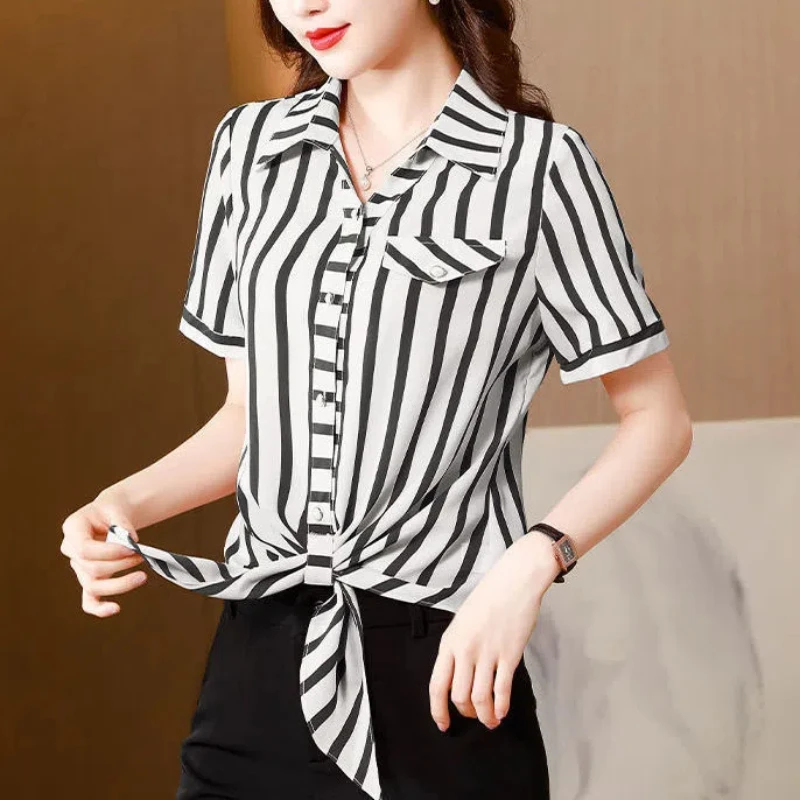 All-match Blouse Women\'s Striped Short Sleeve Fashion Polo Neck Loose Lacing Office Shirt Tops Summer Vintage Casual Clothing