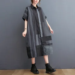 #3317 Grey Vintage Shirt Dress Women Short Sleeves Loose Asymmetrical Buttons Front Midi Dress Female Turnd-down Collar Summer