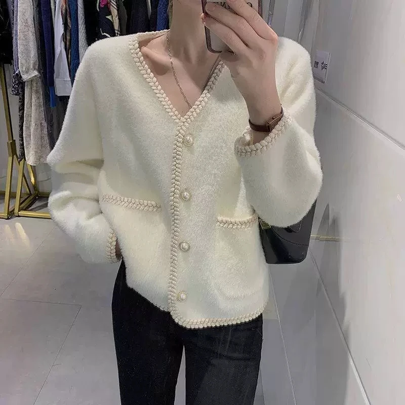 Temperament Faux Mink Cardigan Women Elegant Pearls Button Up Coats Woman 2025 Spring Autumn Fashion V-Neck Cardigan Female