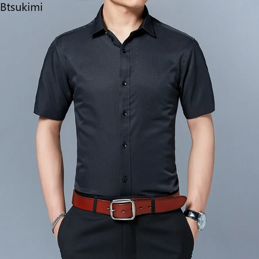 2024 Heren Zomer Casual Korte Mouwen Shirt Slim Fit Turn Kraag Shirts Formele Kantoor Business Shirts Voor Heren Tops Big Size