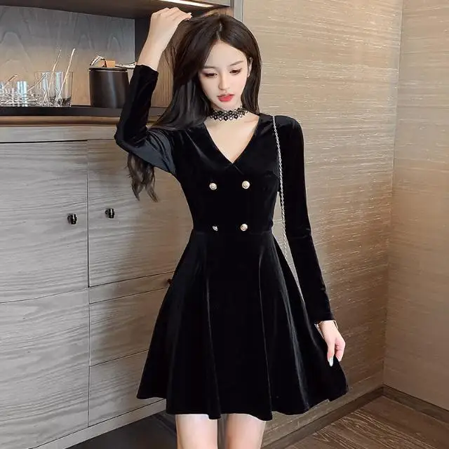 

Deep V-neck Long Sleeved Waistband Autumn Winter Sexy Little Black Banquet Evening Dress Velvet Streetwear Korean Slim High End