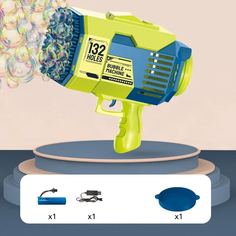 Máquina de pistola de bolhas de sabão com 132 buracos, soprador automático com luz led, brinquedos recarregáveis para crianças, meninos e meninas ao ar livre