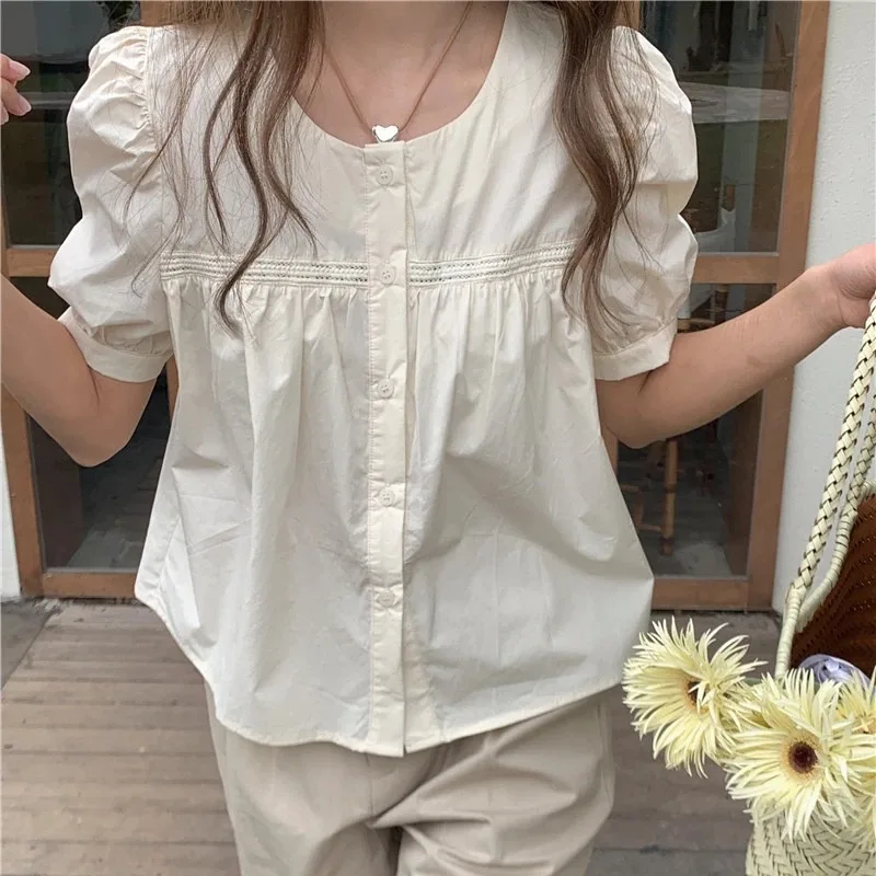 New Cute Chic Doll Design Fold Tops Hot Women Summer 2025 Chic Korea Japan Style Retro Vintage Solid Girls Short Shirt Blouses