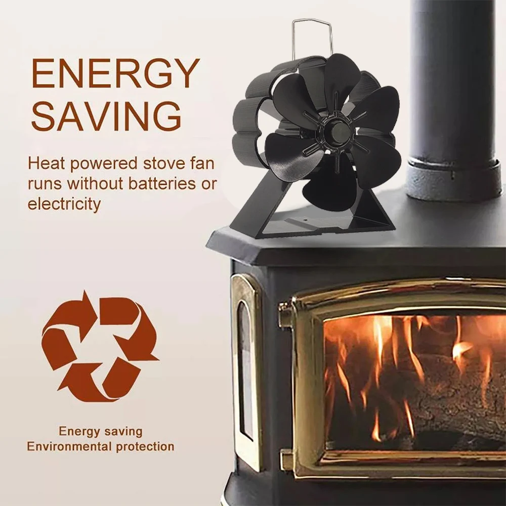 Heat Powered Stove Fan Eco Quiet Black 6 Blades Log Wood Burner Fireplace Fan Winter Warmer Home Efficient Heat Distribution