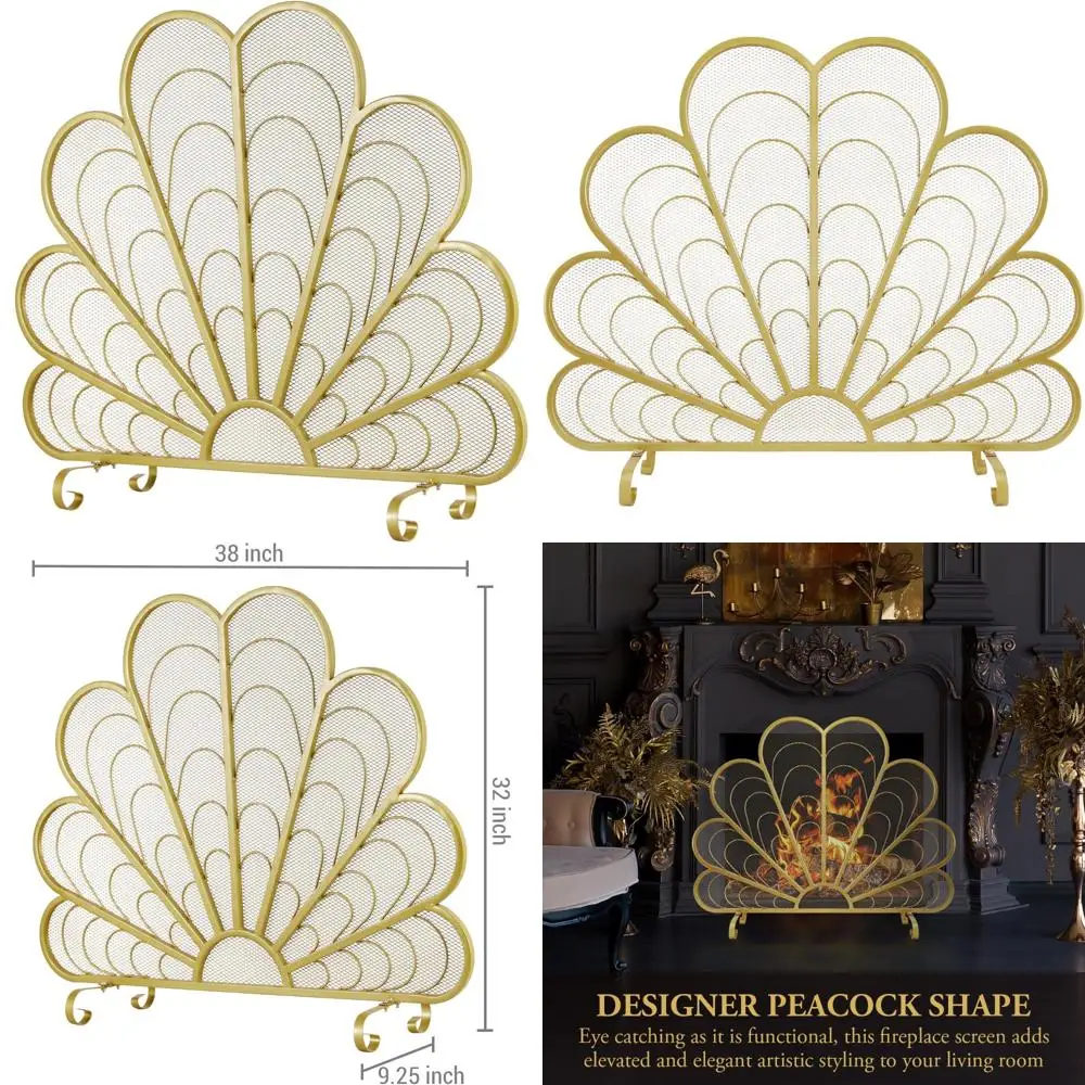 

38 x 32 Peacock Feather Style Metal Fireplace Screen with Decorative Mesh and Curved Legs