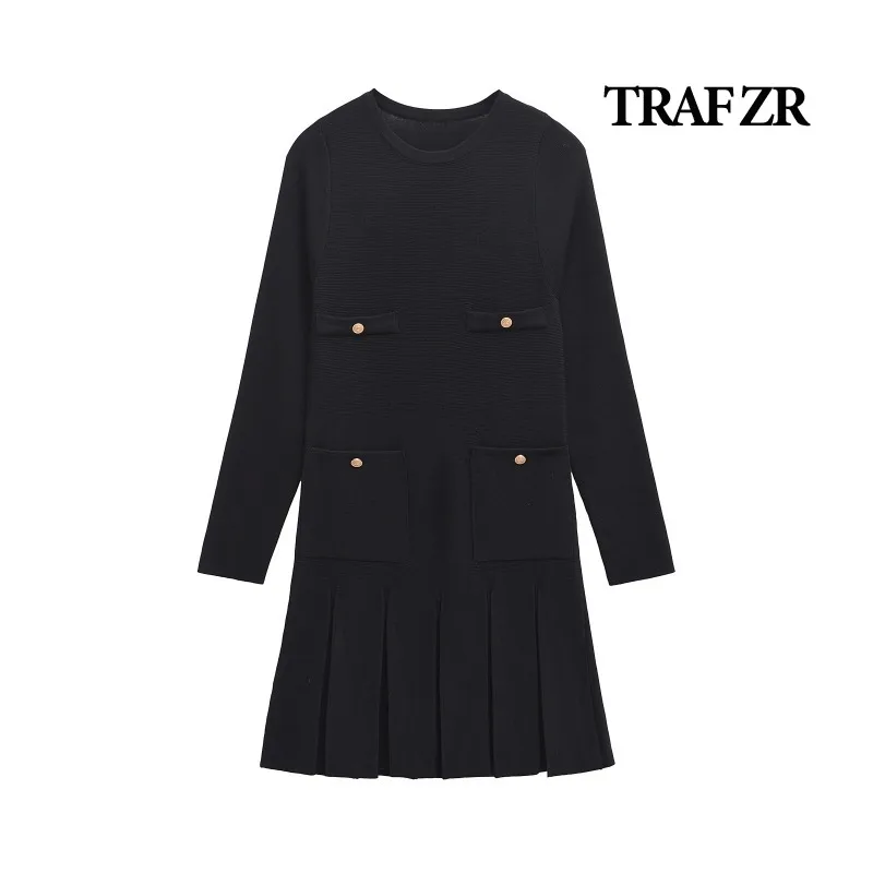 TRAF ZR Mini Dress New in Autumn Winter Dresses Elegant and Beautiful Women's Dresses Basics Vintage Cotton Black Knit Dress