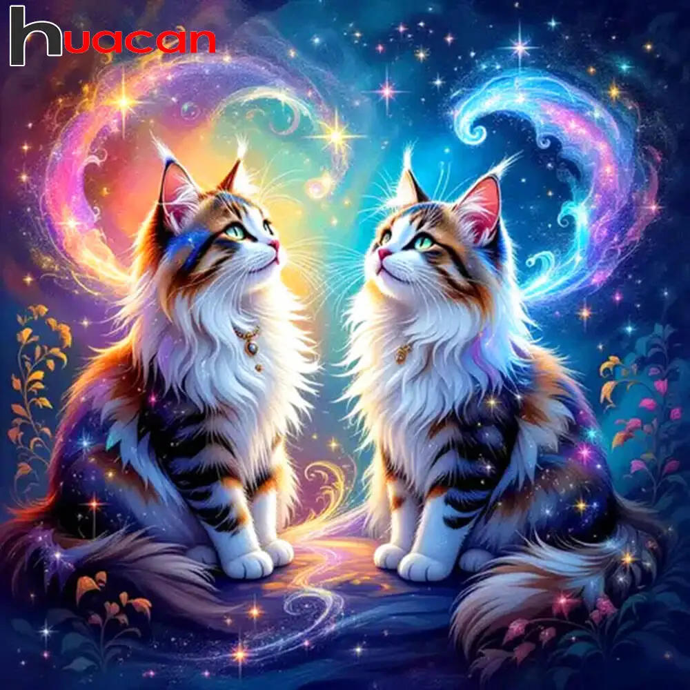 Huacan pintura diamante gato diamante mosaico céu estrelado animal nova coleção 2025 presente artesanal