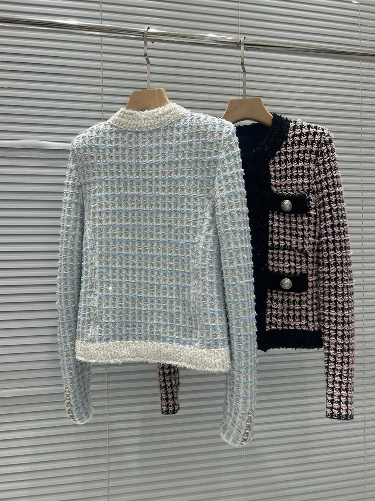 【CHUJIE】 سترة صوفية قصيرة على الطراز الفرنسي الجديد لخريف وشتاء 2025، متعددة الاستخدامات وكتلة الألوان منقوشة برقبة دائرية