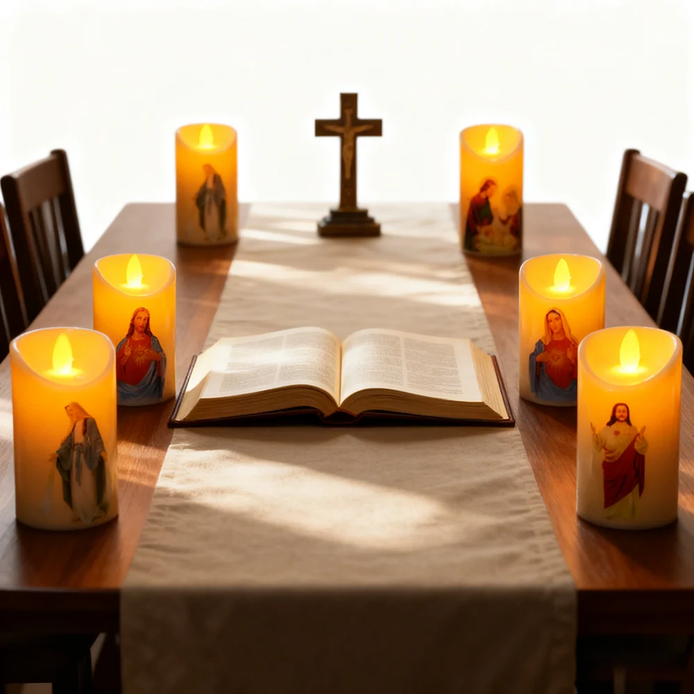 1개 LED 캔들 라이트, 예수 그리스도 캔들 램프 LED 티라이트 플라스틱 기둥 깜박이는 무불꽃 캔들 라이트 배터리 작동