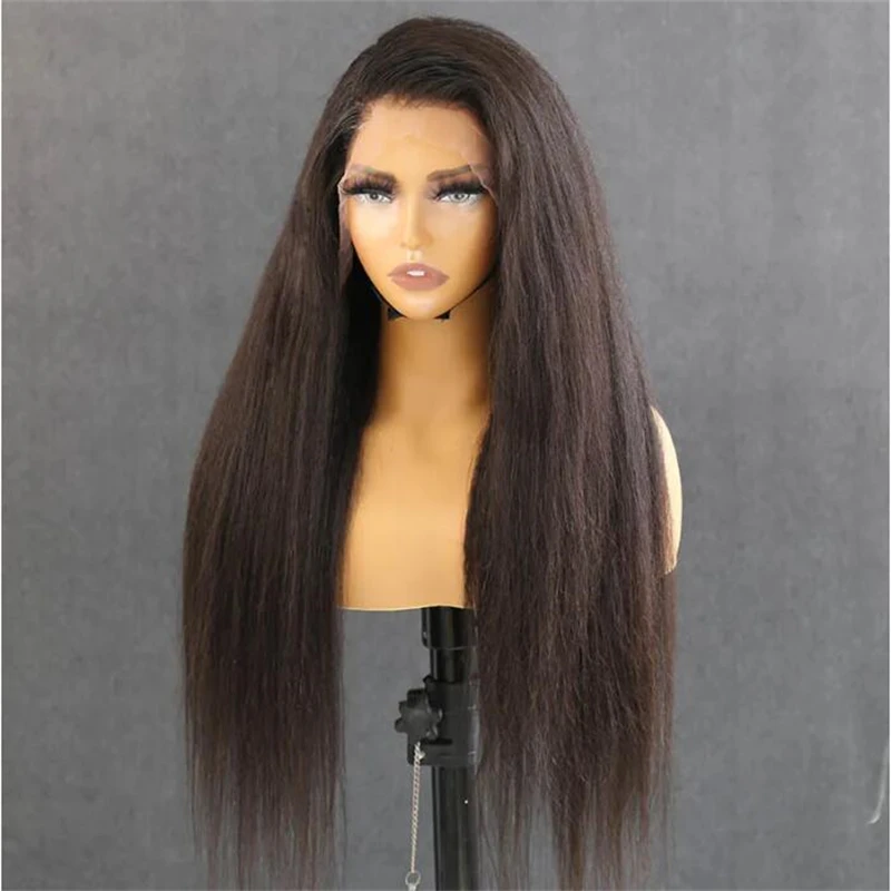 Yaki 26inch Deep Long Balck 180Density Soft Kinky Straight Lace Front Wig For Women with Babyhair PrePlucked Daily Glueless Wigs