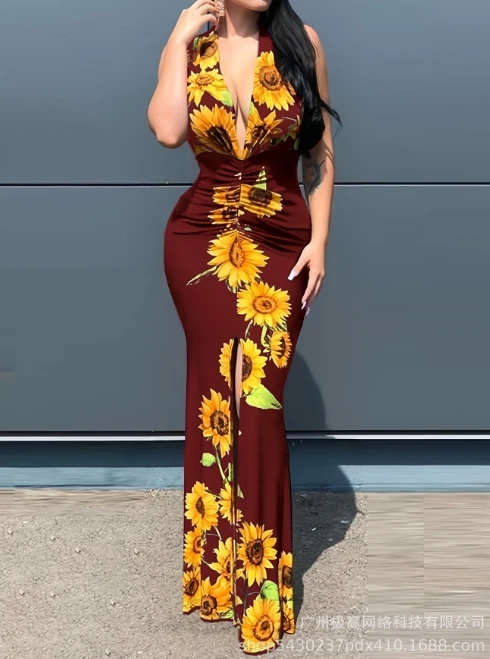 

Sexy Elegant Dresses Women Plunge Sunflower Print High Slit Party Dress New Fashion 2024 Summer Casual Female Clothing Outfits