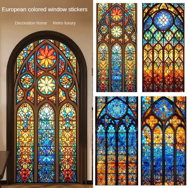 

European Retro Colored Window Glass Film, Anti Peeping and Shading Window Sticker Stained Glass Static Cling Frosted / Etched