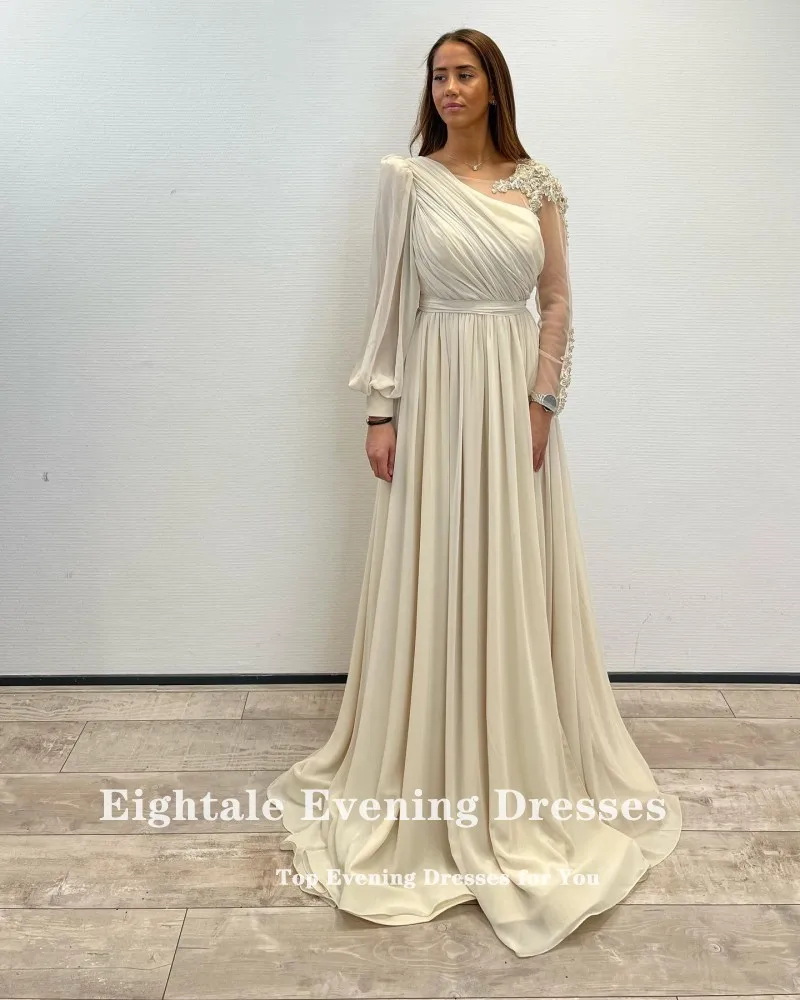 Eightale Sea Green Evening Dress for Wedding Party Chiffon Beaded Long Sleeve Arabic Appliques A-Line Prom Gowns Celebrity Dress