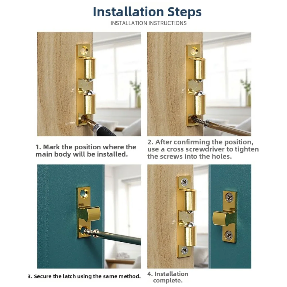 

4 шт., дверной стопор из цинкового сплава, регулируемая двойная шариковая защелка, защелка для шкафа с 16 шт. винтами, мебельная защелка для дверей