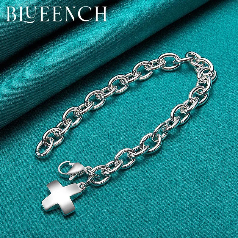 Blueench 925 Sterling Silver Cross Stereo Pendant Bracelet For Women Men Party Personality Hip Hop Charm Jewelry