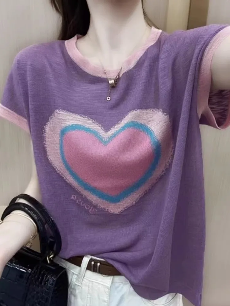 Love match color ice silk short sleeve summer thin linen knit shirt Korean version loose T-shirt female age reduction top