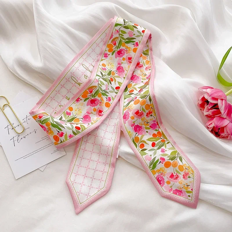 NEW Original Design Flowers printing Satin Silk long Scarf For Women Neckerchief Top Quality Bags Scarfs Hair Ribbons