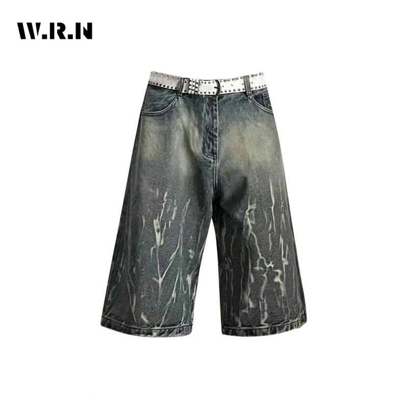 American Vintage High Waist Trashy Loose Jeans 2024 Summer Women's Casual Baggy Y2K Shorts Wide Leg Grunge Print Denim Shorts