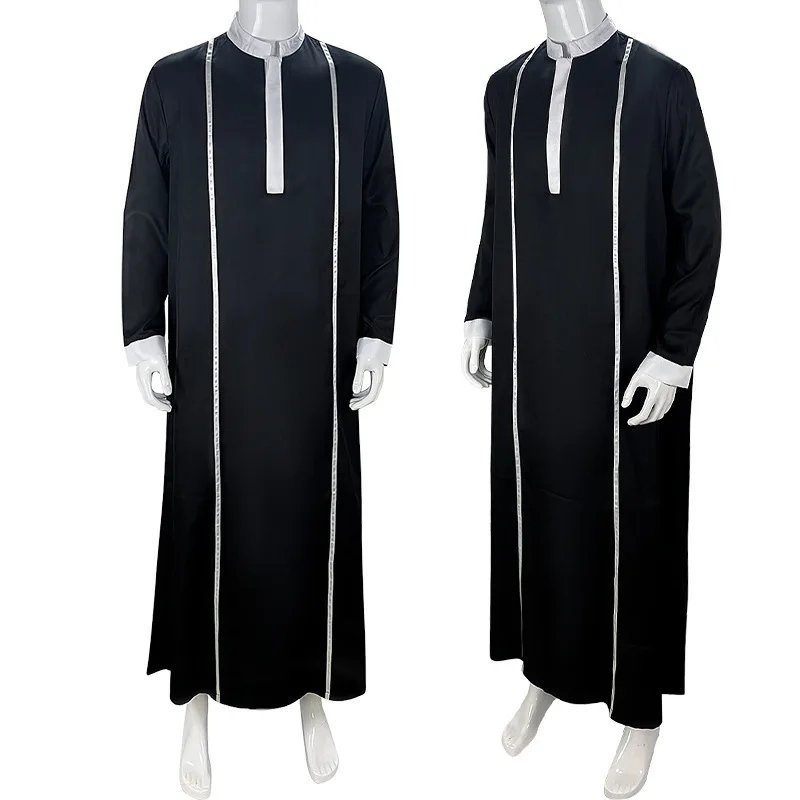 White Arabic Muslim Robe Men\'s Jubba Thobe Long Sleeve Pakistan Islamic Abaya Kaftan for Men Stand Collar Loose Clothing