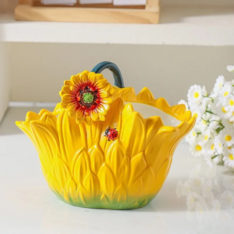 

Sunflower Handbasket Vase Creative Ceramic Flower Arrangement Container Kitchen Chopsticks Storage Tube Dining Table Vase Decor